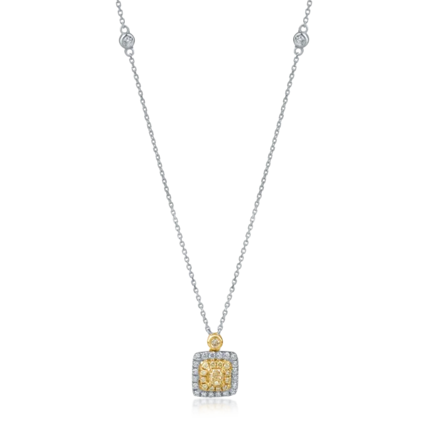Lant cu pandantiv din aur alb-galben cu diamante galbene rectangulare si rotunde si diamante incolore de 0.68ct