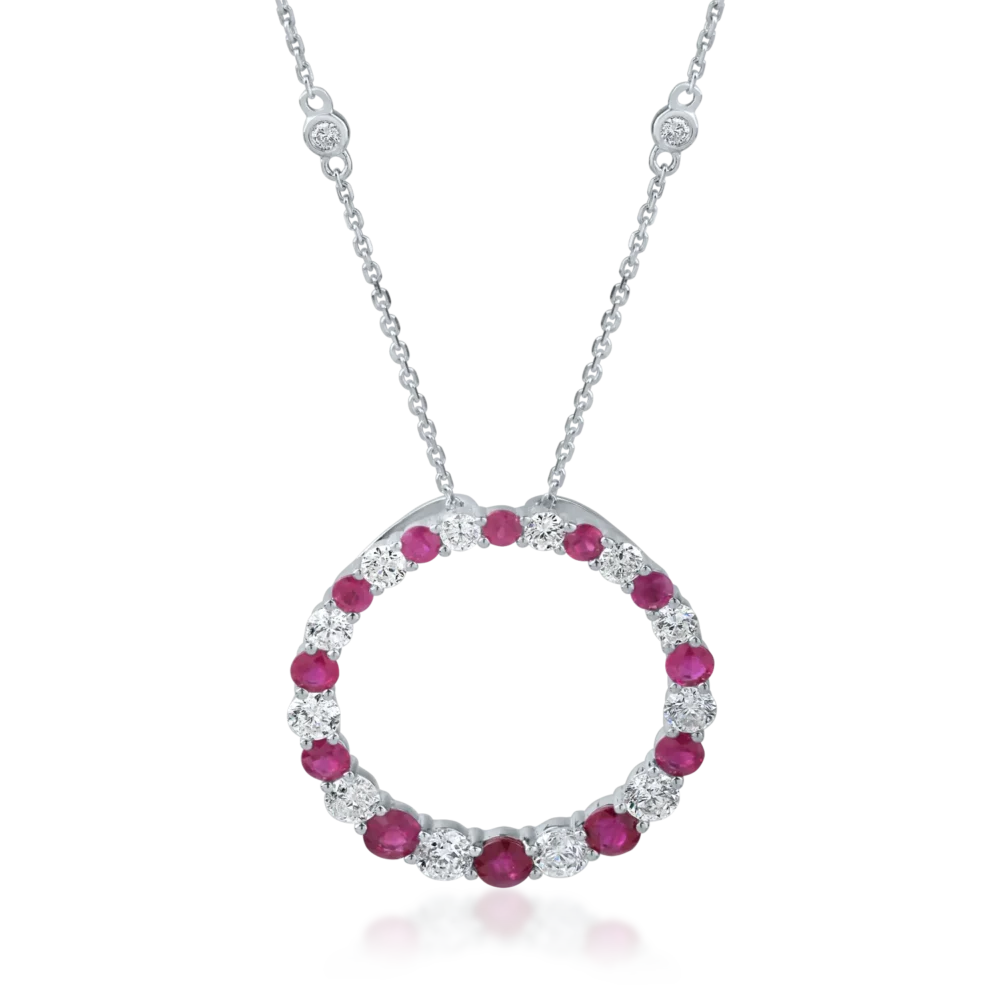 Lant cu pandantiv geometric din aur alb cu rubine de 1.54ct si diamante de 1.34ct