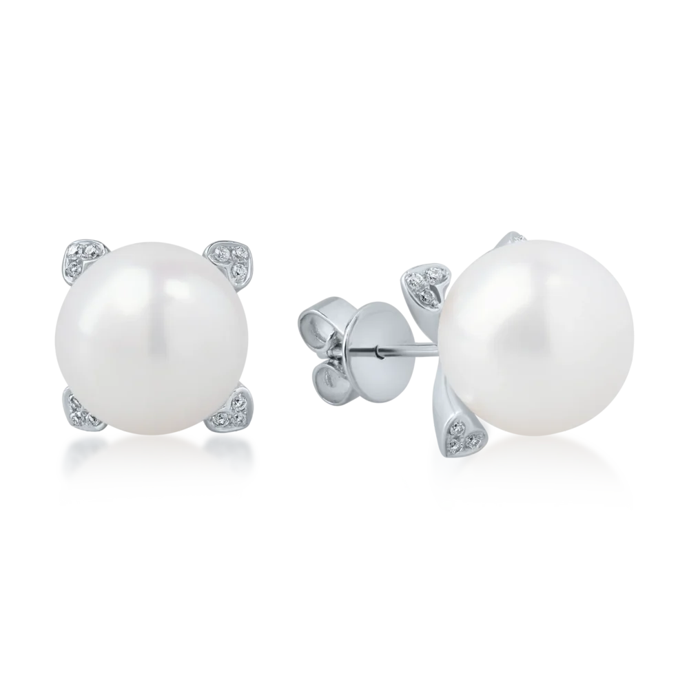 Cercei din aur alb cu perle de cultura de 21.6ct si diamante de 0.1ct