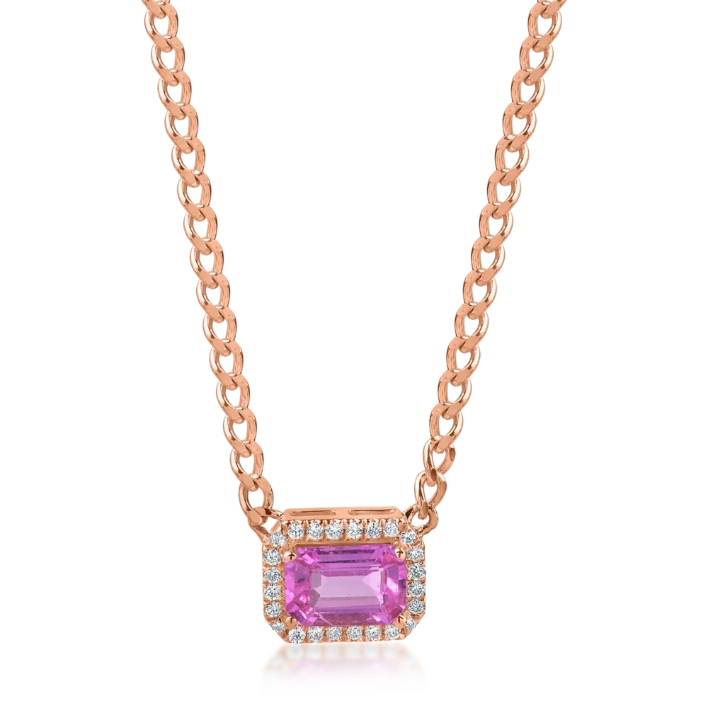 Lant cu pandantiv geometric din aur roz cu safir roz rectangular de 0.6ct si diamante de 0.06ct