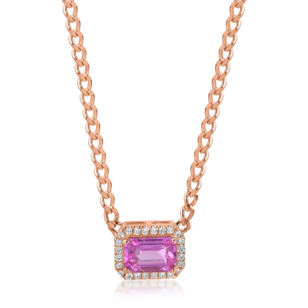Lant cu pandantiv geometric din aur roz cu safir roz rectangular de 0.6ct si diamante de 0.06ct