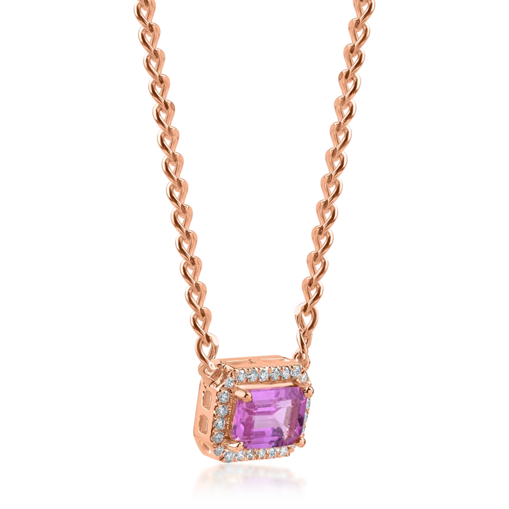 Lant cu pandantiv geometric din aur roz cu safir roz rectangular de 0.6ct si diamante de 0.06ct - imagine 2