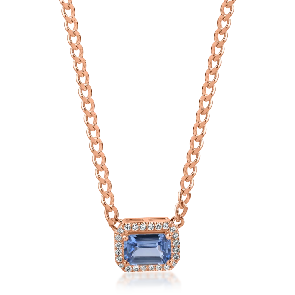 Lant cu pandantiv geometric din aur roz cu safir albastru-deschis square de 0.5ct si diamante de 0.06ct