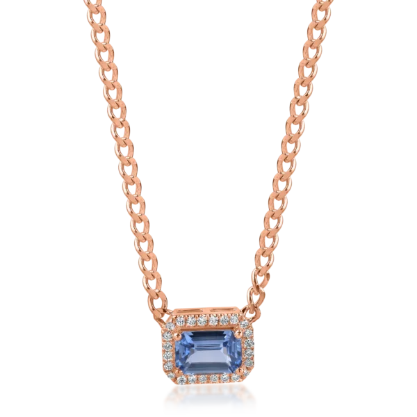 Lant cu pandantiv geometric din aur roz cu safir albastru-deschis square de 0.5ct si diamante de 0.06ct