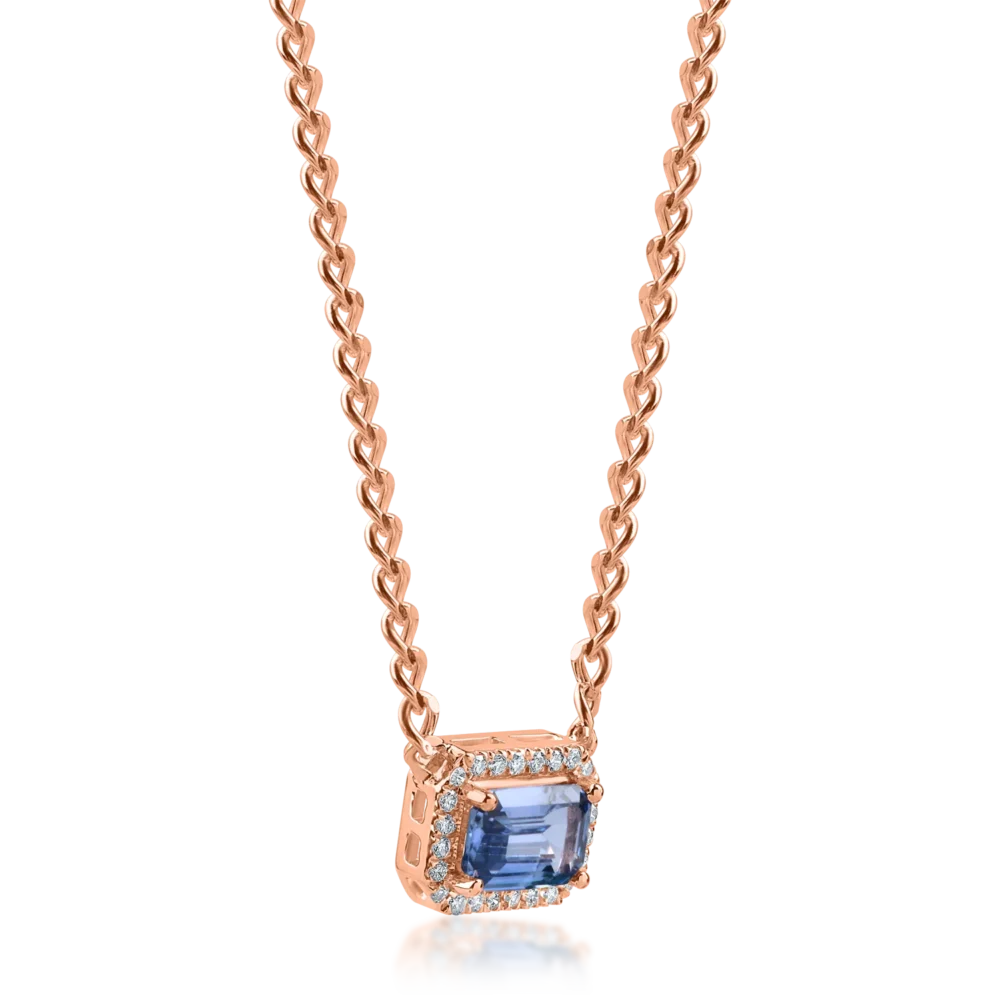 Lant cu pandantiv geometric din aur roz cu safir albastru-deschis square de 0.5ct si diamante de 0.06ct - imagine 2