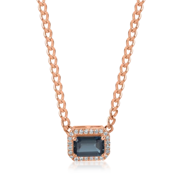 Lant cu pandantiv geometric din aur roz cu topaz london blue square de 0.7ct si diamante de 0.06ct