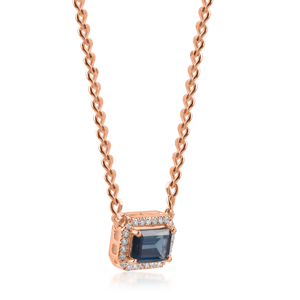 Lant cu pandantiv geometric din aur roz cu topaz london blue square de 0.7ct si diamante de 0.06ct - imagine 2