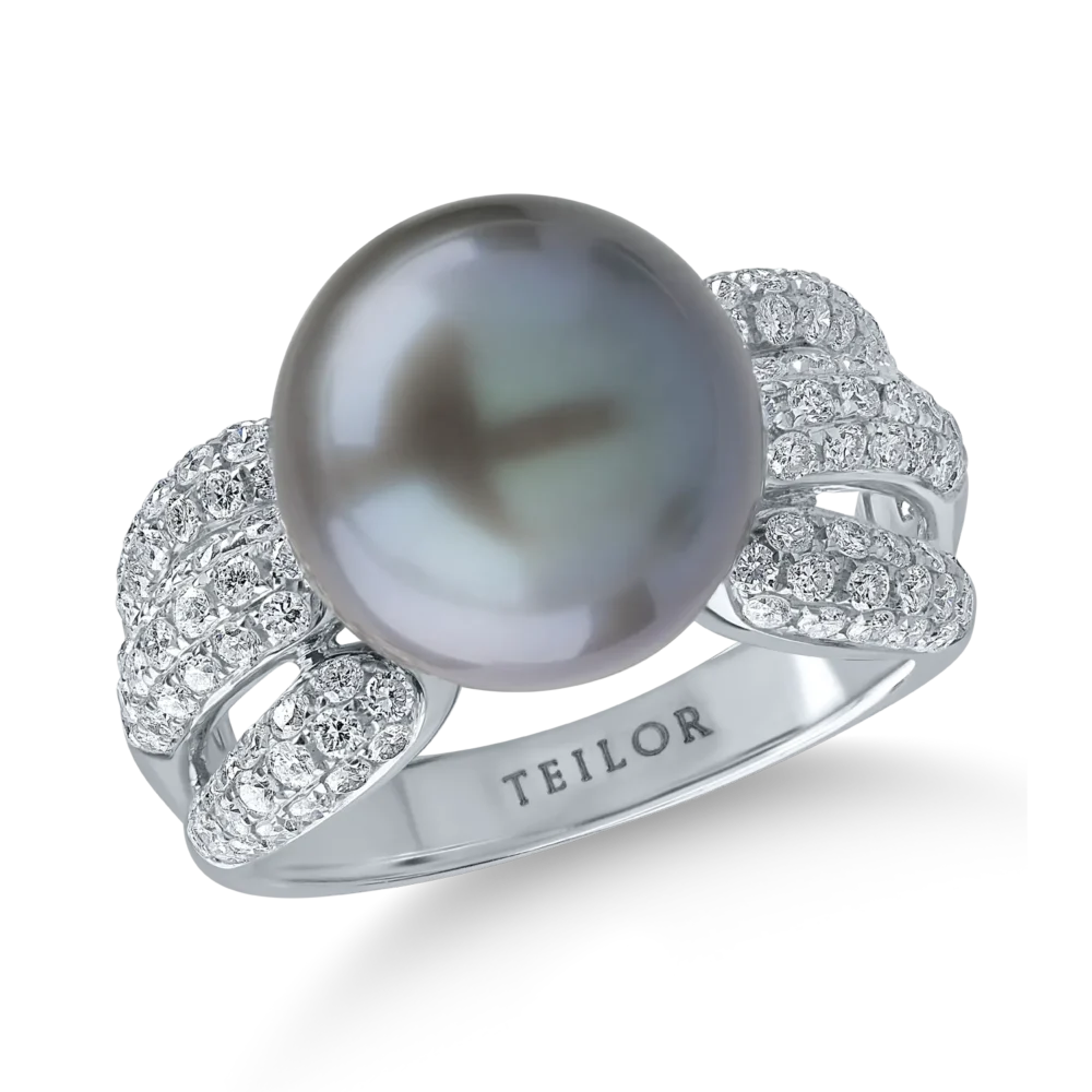 Inel din aur alb cu perla de cultura de 12ct si diamante de 0.8ct