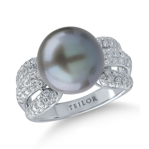 Inel din aur alb cu perla de cultura de 12ct si diamante de 0.8ct