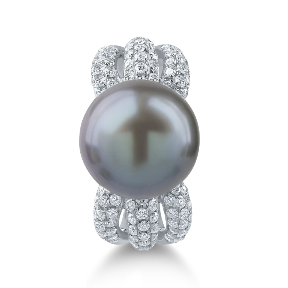 Inel din aur alb cu perla de cultura de 12ct si diamante de 0.8ct - imagine 2