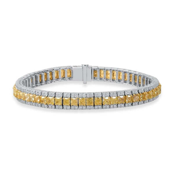 Bratara tennis din aur alb-galben cu diamante galbene cushion si incolore de 10.3ct