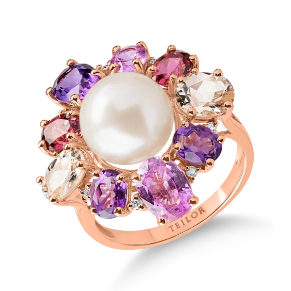 Inel floare din aur roz cu pietre pretioase si semipretioase de 11.7ct