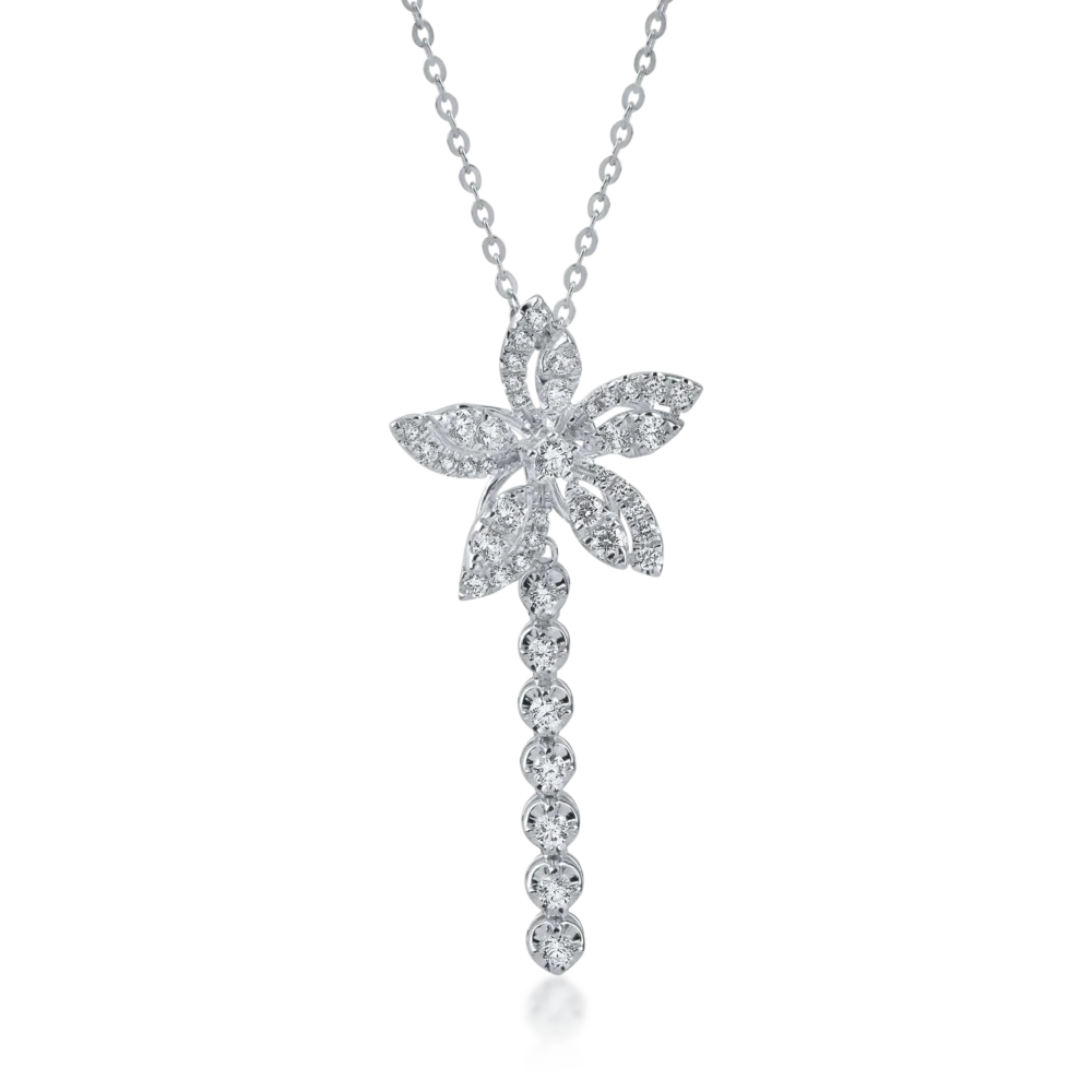Lant cu pandantiv floare din aur alb cu diamante de 0.6ct