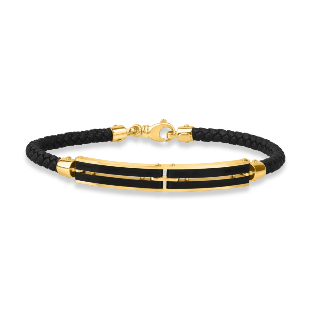 Bratara cu placuta din aur galben si piele pentru barbati