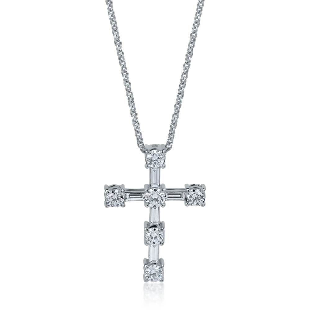 Lant cu pandantiv cruce din aur alb cu diamante baguette si rotunde de 0.8ct