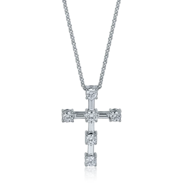 Lant cu pandantiv cruce din aur alb cu diamante baguette si rotunde de 0.8ct