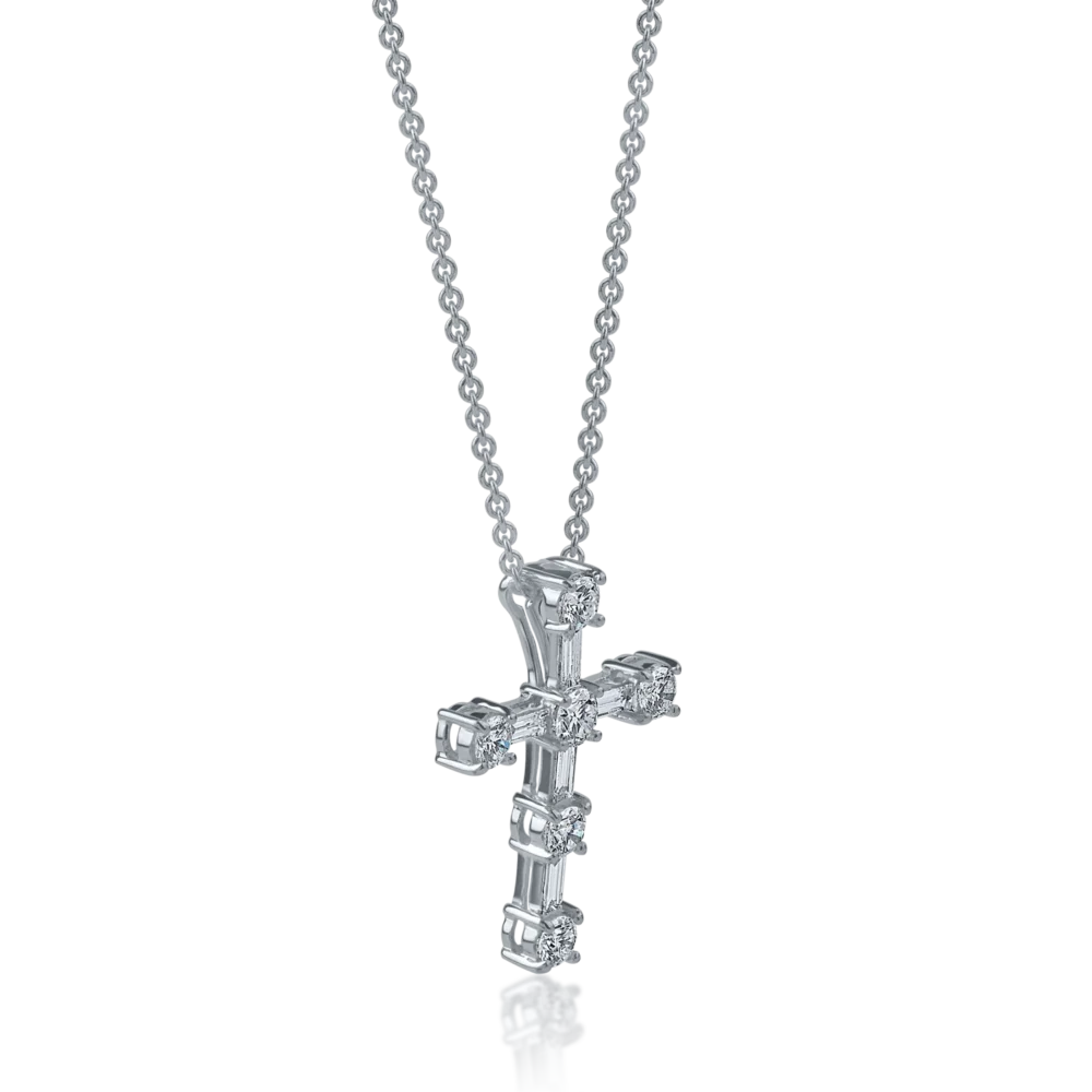 Lant cu pandantiv cruce din aur alb cu diamante baguette si rotunde de 0.8ct - imagine 2