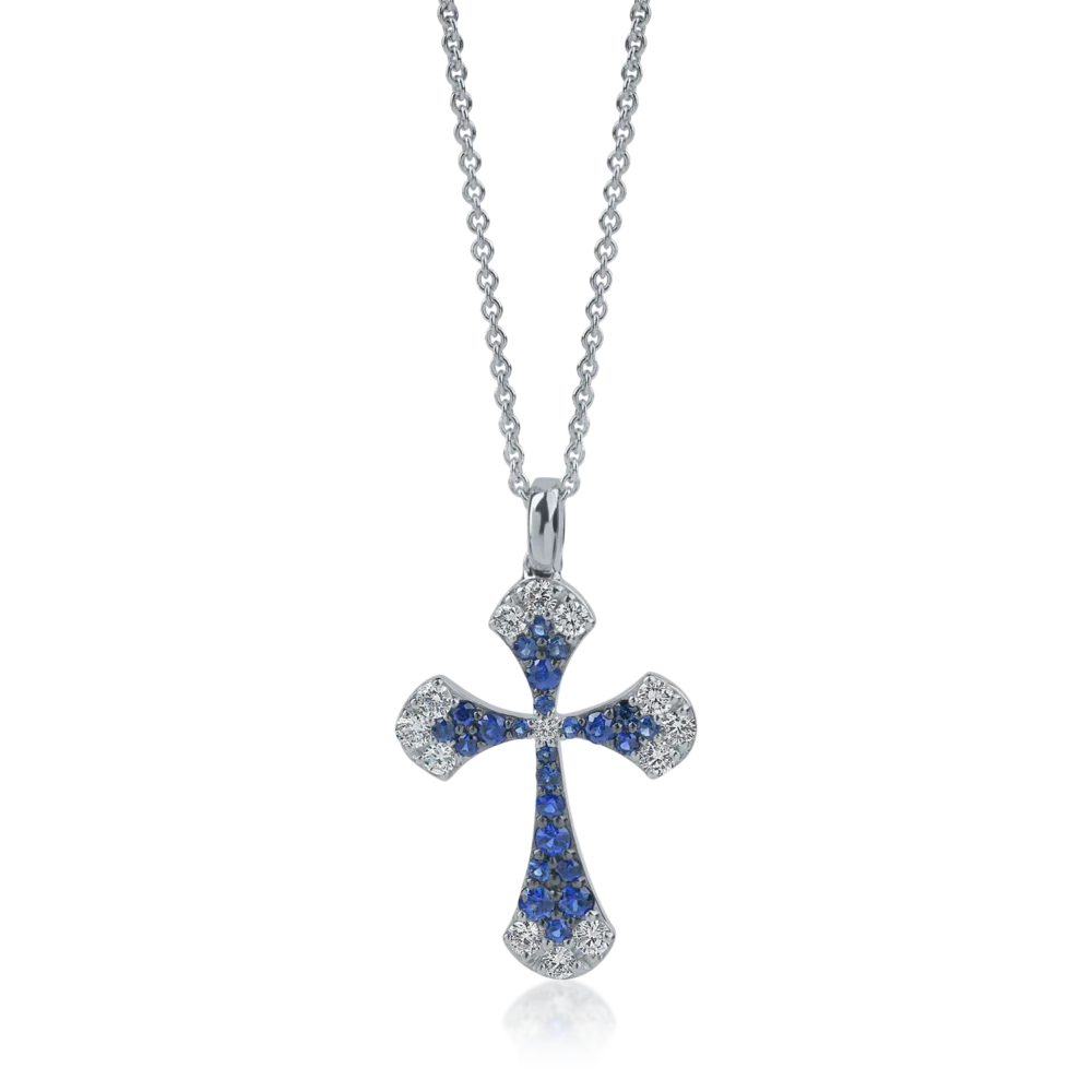 Lant cu pandantiv cruce din aur alb cu diamante si safire de 0.94ct
