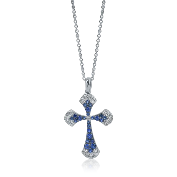 Lant cu pandantiv cruce din aur alb cu diamante si safire de 0.94ct