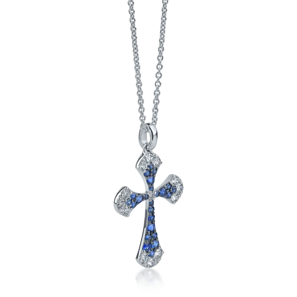 Lant cu pandantiv cruce din aur alb cu diamante si safire de 0.94ct - imagine 2