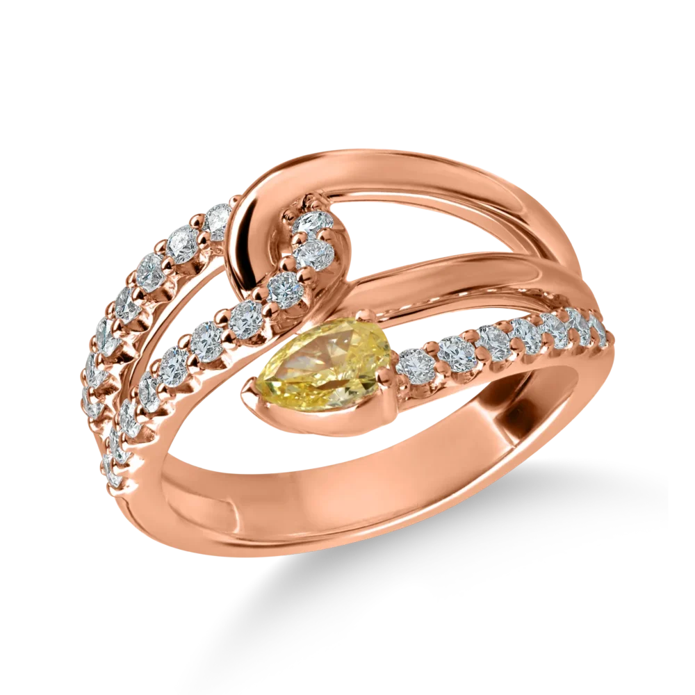 Inel din aur roz cu diamante fancy galbene pear si diamante incolore de 0.82ct