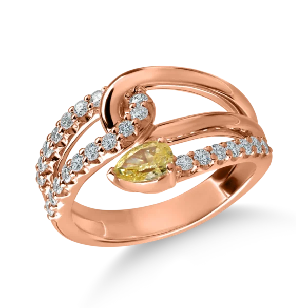 Inel din aur roz cu diamante fancy galbene pear si diamante incolore de 0.82ct