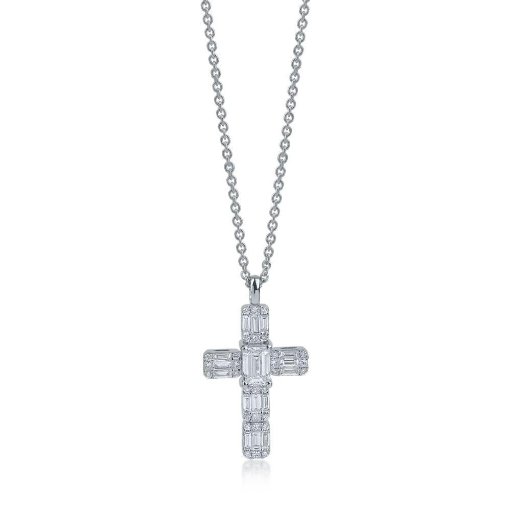 Lant cu pandantiv cruce din aur alb cu diamante baguette si rotunde de 1.1ct