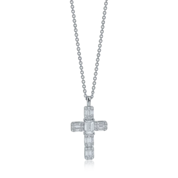 Lant cu pandantiv cruce din aur alb cu diamante baguette si rotunde de 1.1ct