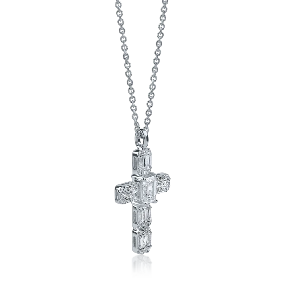 Lant cu pandantiv cruce din aur alb cu diamante baguette si rotunde de 1.1ct - imagine 2