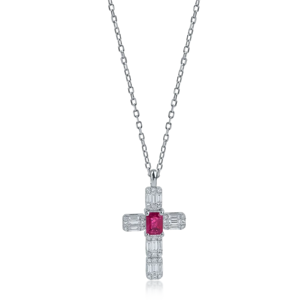 Lant cu pandantiv cruce din aur alb cu rubin baguette si diamante baguette si rotunde de 1.12ct