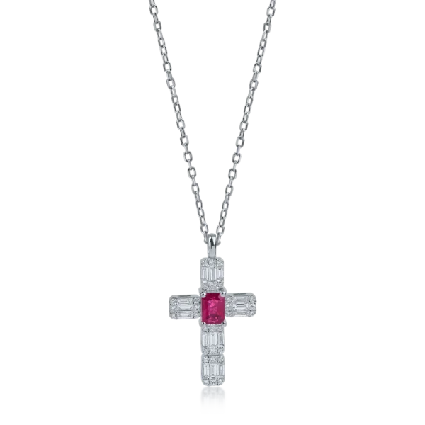 Lant cu pandantiv cruce din aur alb cu rubin baguette si diamante baguette si rotunde de 1.12ct