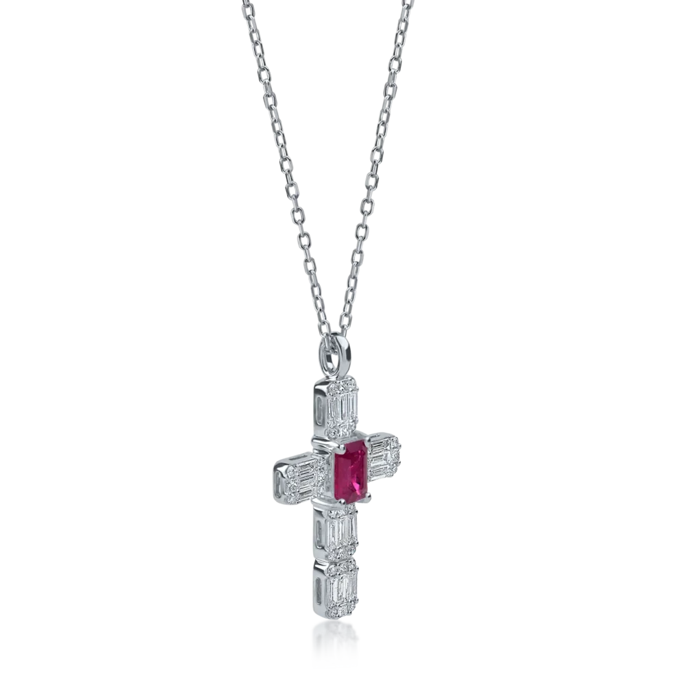 Lant cu pandantiv cruce din aur alb cu rubin baguette si diamante baguette si rotunde de 1.12ct - imagine 2