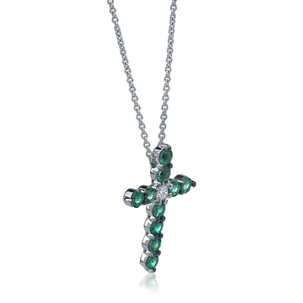 Lant cu pandantiv cruce din aur alb cu diamant si smaralde de 1.41ct - imagine 2
