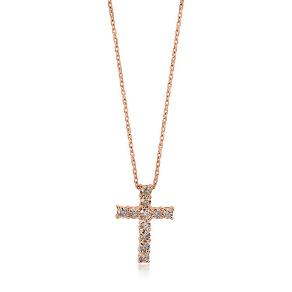 Lant cu pandantiv cruce din aur roz cu diamante maro de 0.63ct
