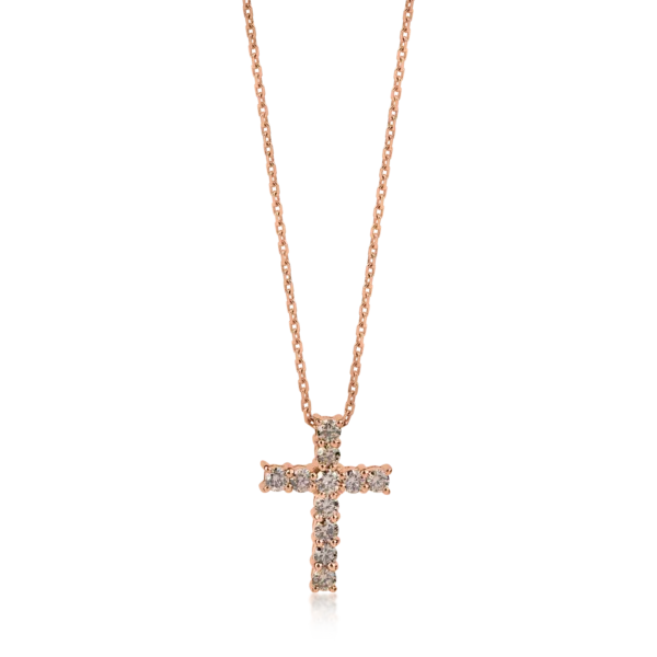 Lant cu pandantiv cruce din aur roz cu diamante maro de 0.63ct