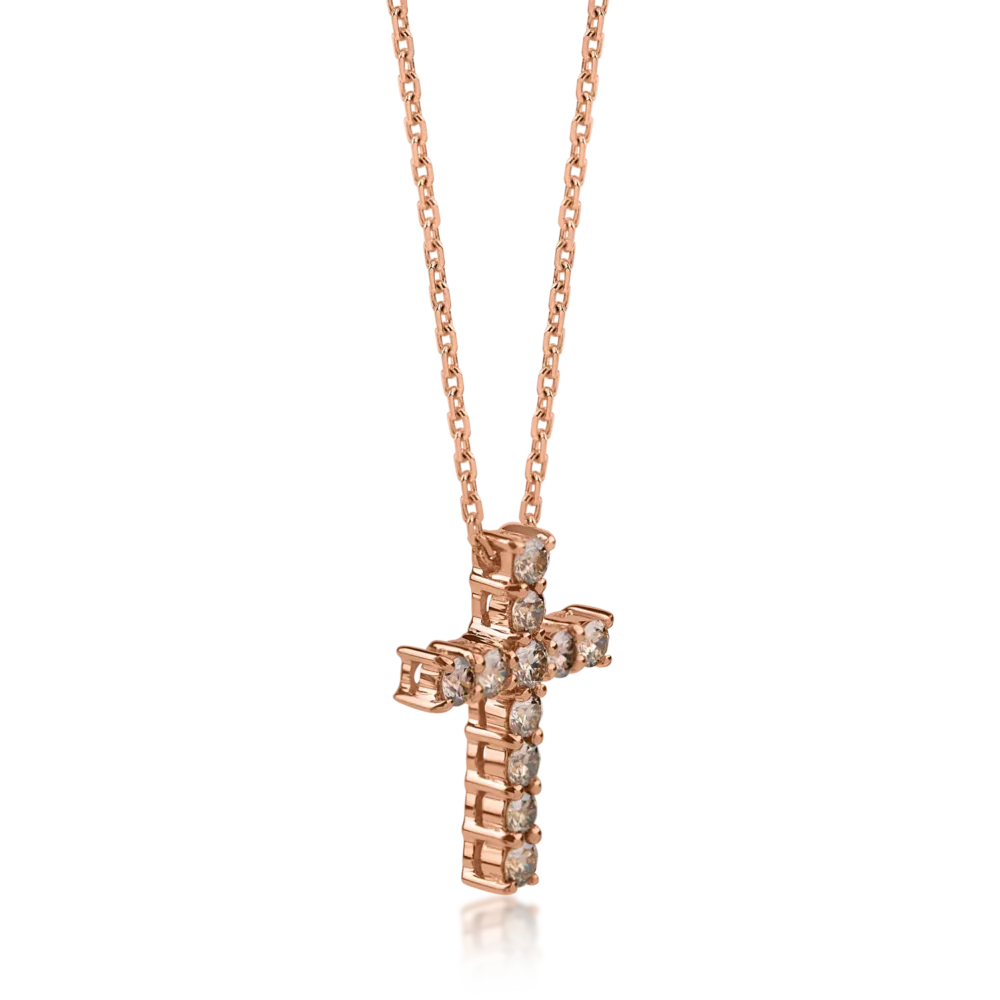 Lant cu pandantiv cruce din aur roz cu diamante maro de 0.63ct - imagine 2