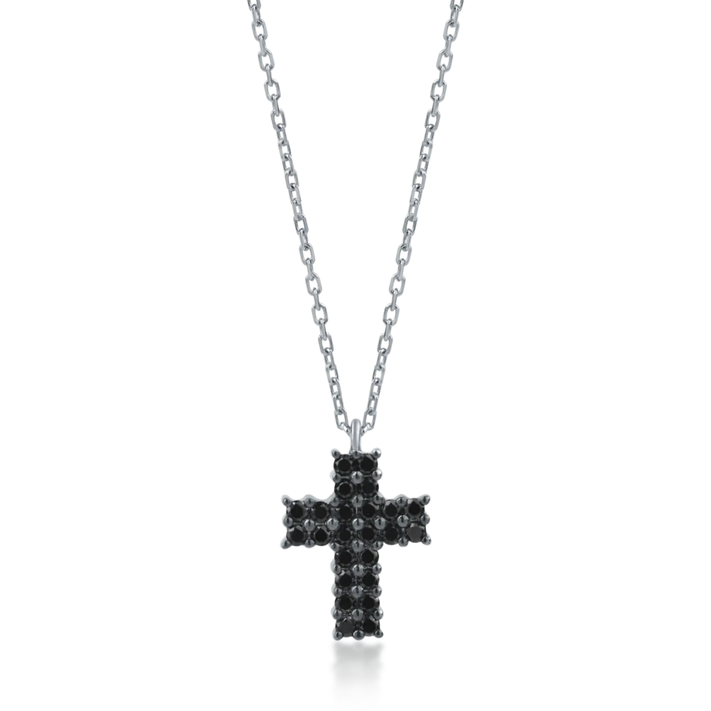 Lant cu pandantiv cruce din aur alb cu diamante negre de 0.84ct