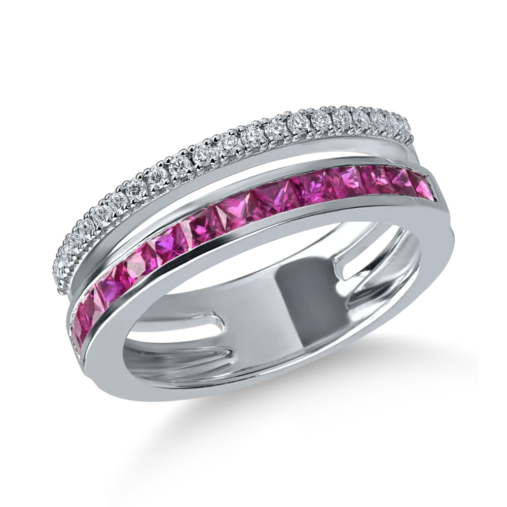 Inel din aur alb cu rubine princess de 0.86ct si diamante de 0.16ct