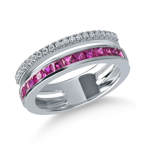 Inel din aur alb cu rubine princess de 0.86ct si diamante de 0.16ct