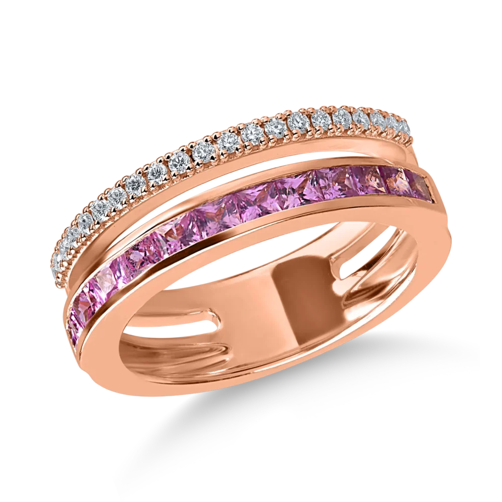 Inel din aur roz cu safire roz princess de 0.7ct si diamante de 0.16ct