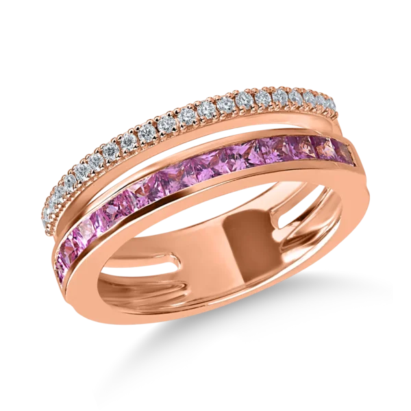 Inel din aur roz cu safire roz princess de 0.7ct si diamante de 0.16ct