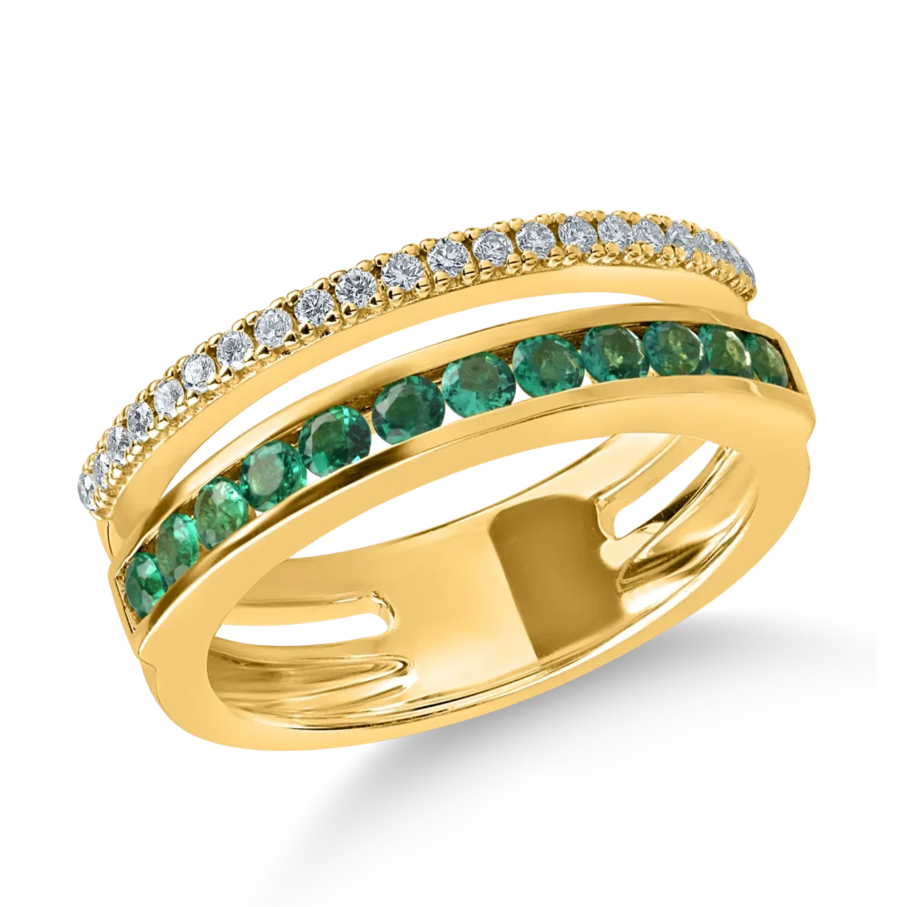 Inel din aur galben cu smaralde princess de 0.46ct si diamante de 0.16ct