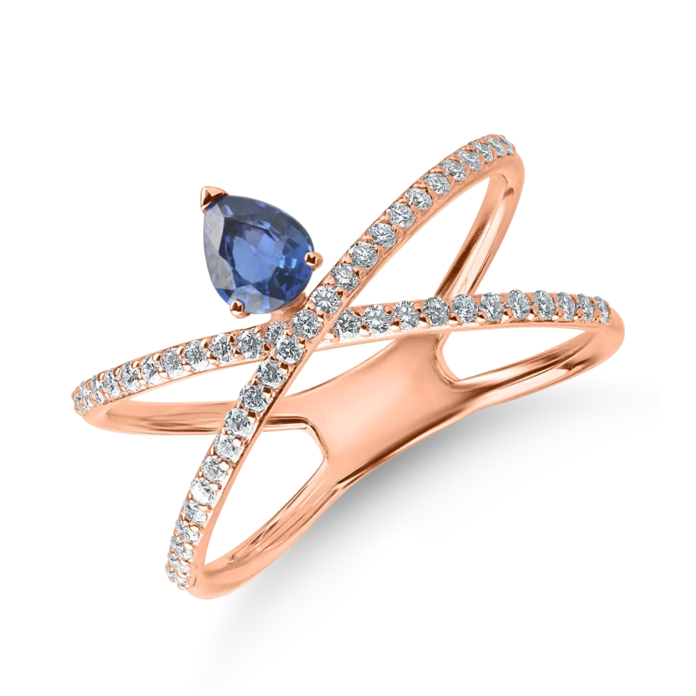 Inel din aur roz cu safir pear de 0.45ct si diamante de 0.68ct