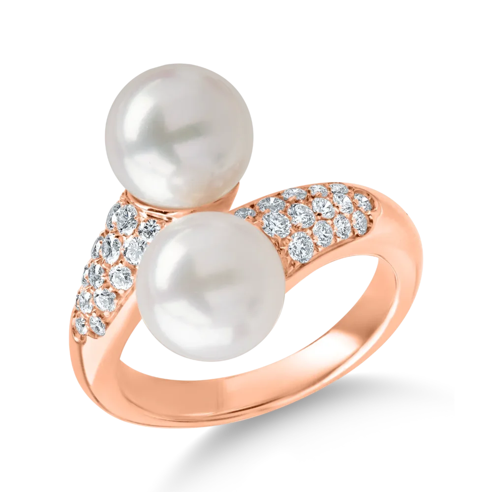 Inel din aur roz cu perle de apa dulce de 8.5ct si diamante de 0.45ct