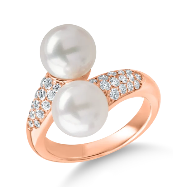 Inel din aur roz cu perle de apa dulce de 8.5ct si diamante de 0.45ct