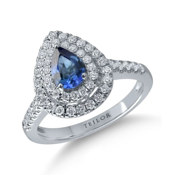 Inel din aur alb cu safir pear de 0.74ct si diamante de 0.55ct