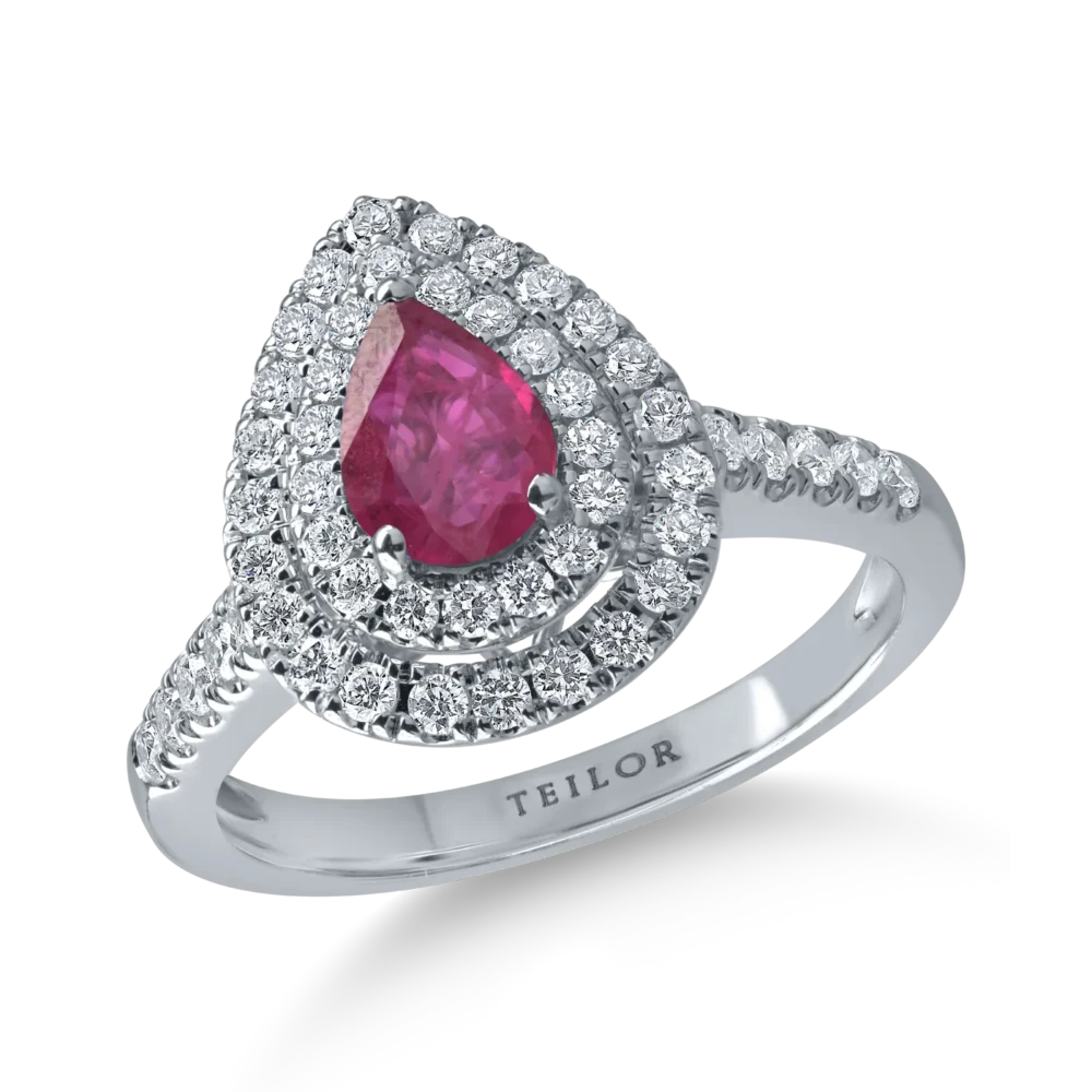 Inel din aur alb cu rubin pear de 0.68ct si diamante de0.55ct