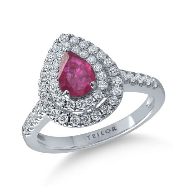 Inel din aur alb cu rubin pear de 0.68ct si diamante de0.55ct