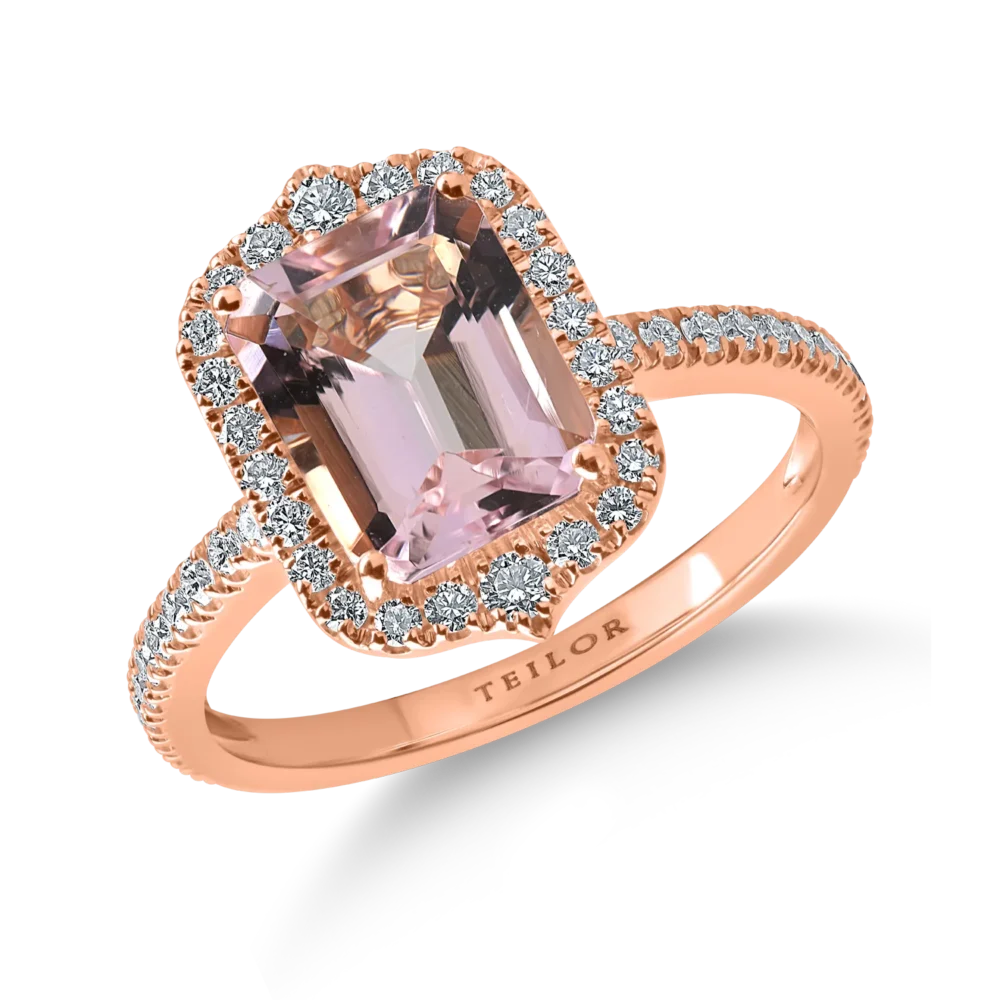 Inel din aur roz cu morganit octogonal de 1.97ct si diamante de 0.5ct