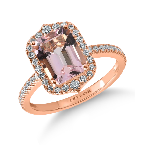 Inel din aur roz cu morganit octogonal de 1.97ct si diamante de 0.5ct